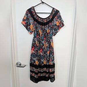 Loft Midi Dress Floral Elastic Neckline Size XS
